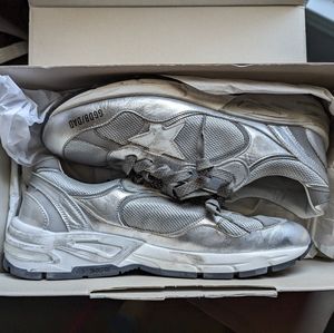 Golden Goose Running Dad Silver Leather Sneakers Size 44 Worn Once